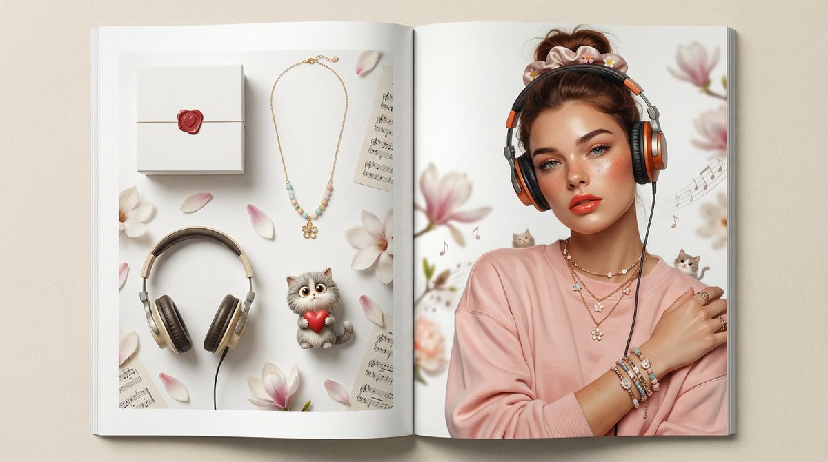 AI magazine spread: product flat-lay + hero portrait, editorial layout ready to publish.
