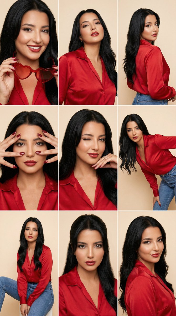 AI studio portrait grid: consistent subject, skin tone, and lighting across poses.